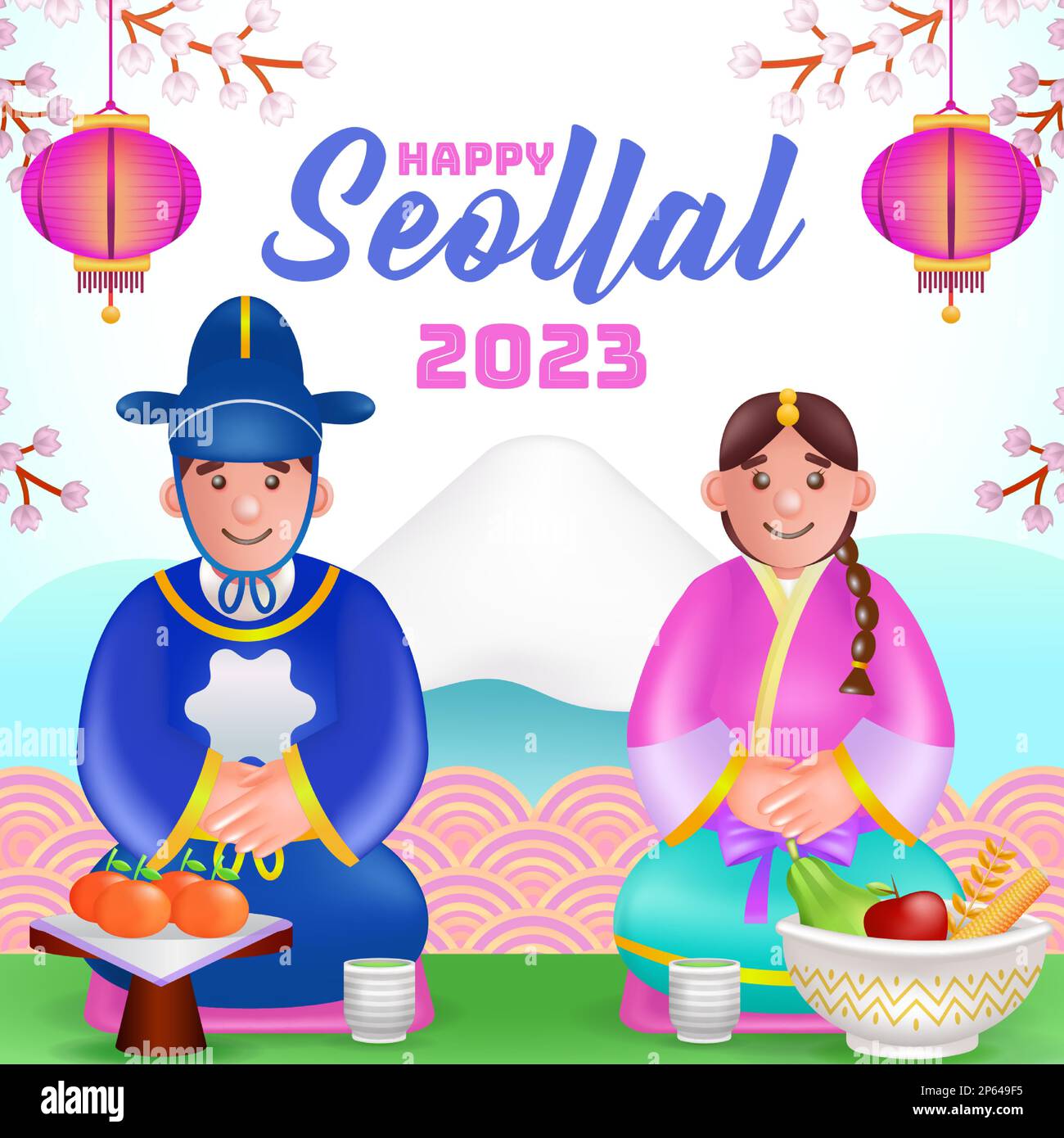 Happy Seollal 2023, 3D illustration de l'homme et de la femme coréens mignon avec ornement de fleur de cerisier et fond de montagnes Illustration de Vecteur