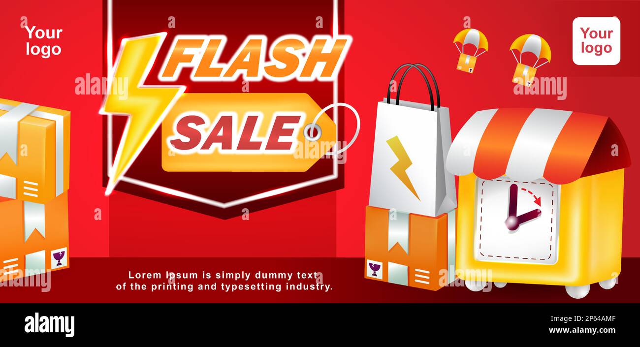 Flash sale, horloge jaune et pack d'achat 3D illustration Illustration de Vecteur