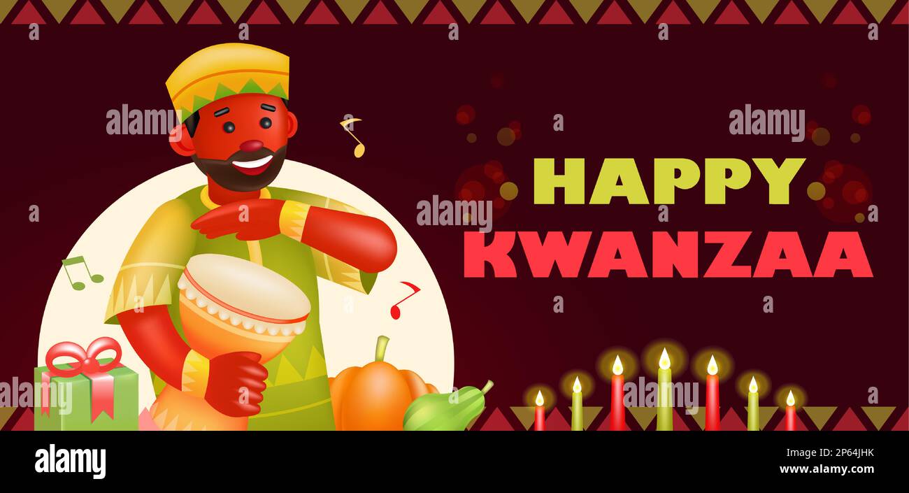 Happy Kwanzaa, 3D illustration de l'homme africain jouant le tambour traditionnel Illustration de Vecteur