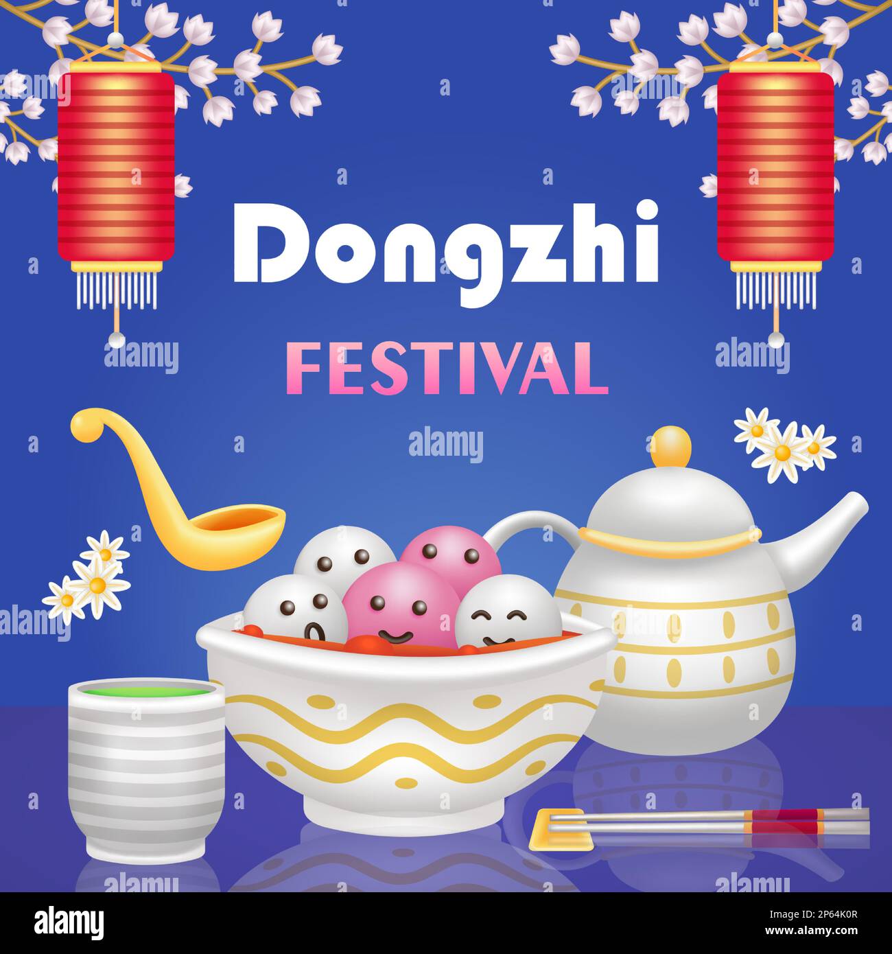 Festival de Dongzhi. 3d illustration d'une soupe de boulettes sucrées, d'une théière et d'un thé vert Illustration de Vecteur