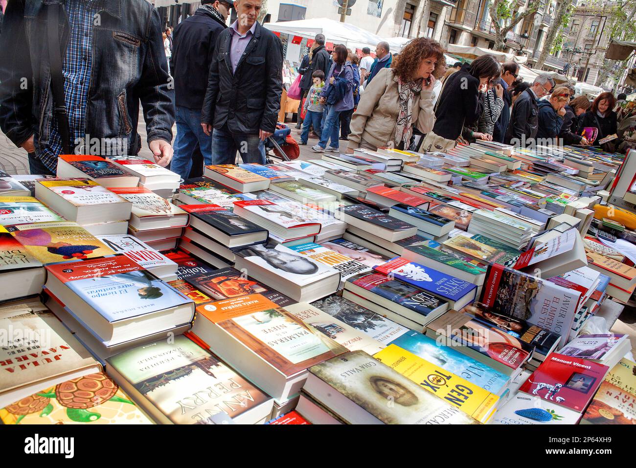 Blocage d'adresses dans la Rambla, le jour de Sant Jordi (23 avril), Barcelone, Catalogne, Espagne Banque D'Images