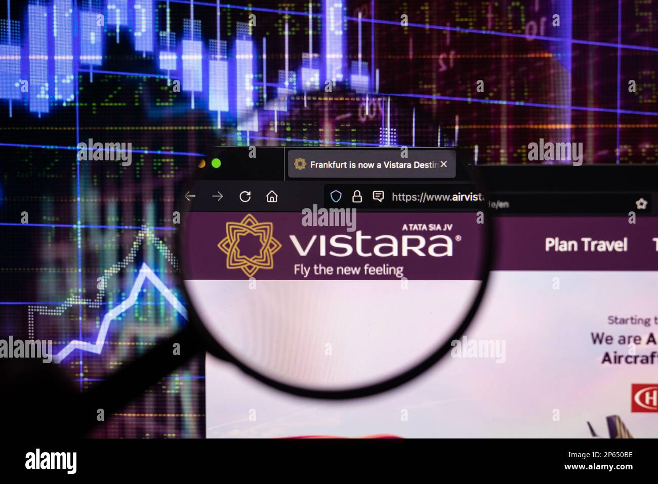 Le logo de la compagnie aérienne Vistara sur un site web avec des développements flous du marché boursier en arrière-plan, vu sur un écran à travers une loupe Banque D'Images