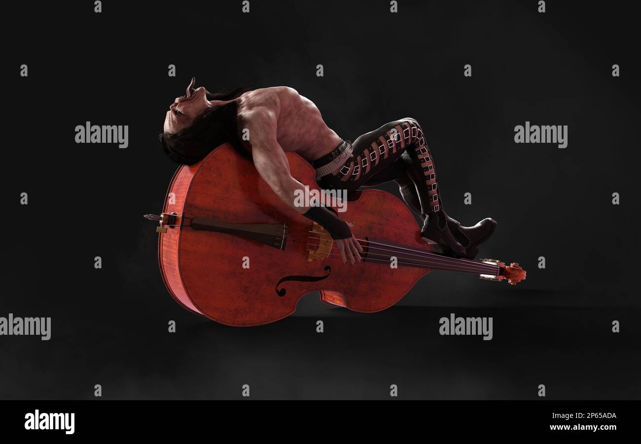 3D Illustration Devil pose et joue une double basse entourée sur fond sombre avec un chemin d'écrêtage. Death Rock musicien. Soirée rock symphonique Banque D'Images