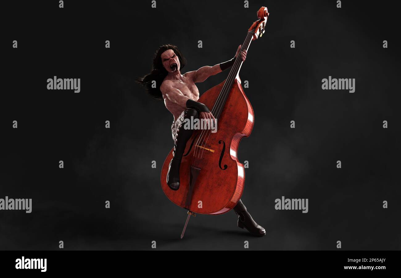 3D Illustration Devil pose et joue une double basse entourée sur fond sombre avec un chemin d'écrêtage. Death Rock musicien. Soirée rock symphonique Banque D'Images