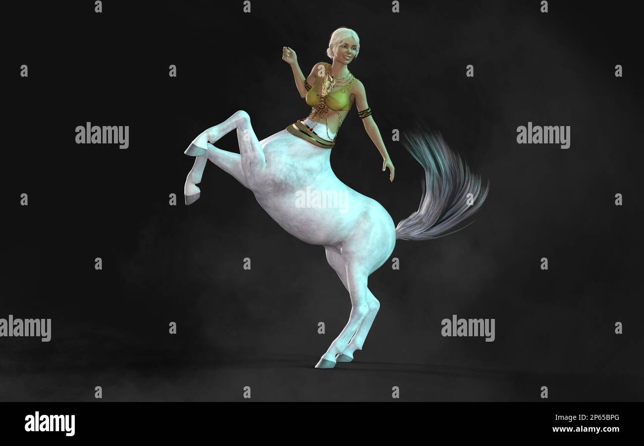 3D Illustration du Centaure blanc femelle posé sur fond sombre avec masque. Banque D'Images