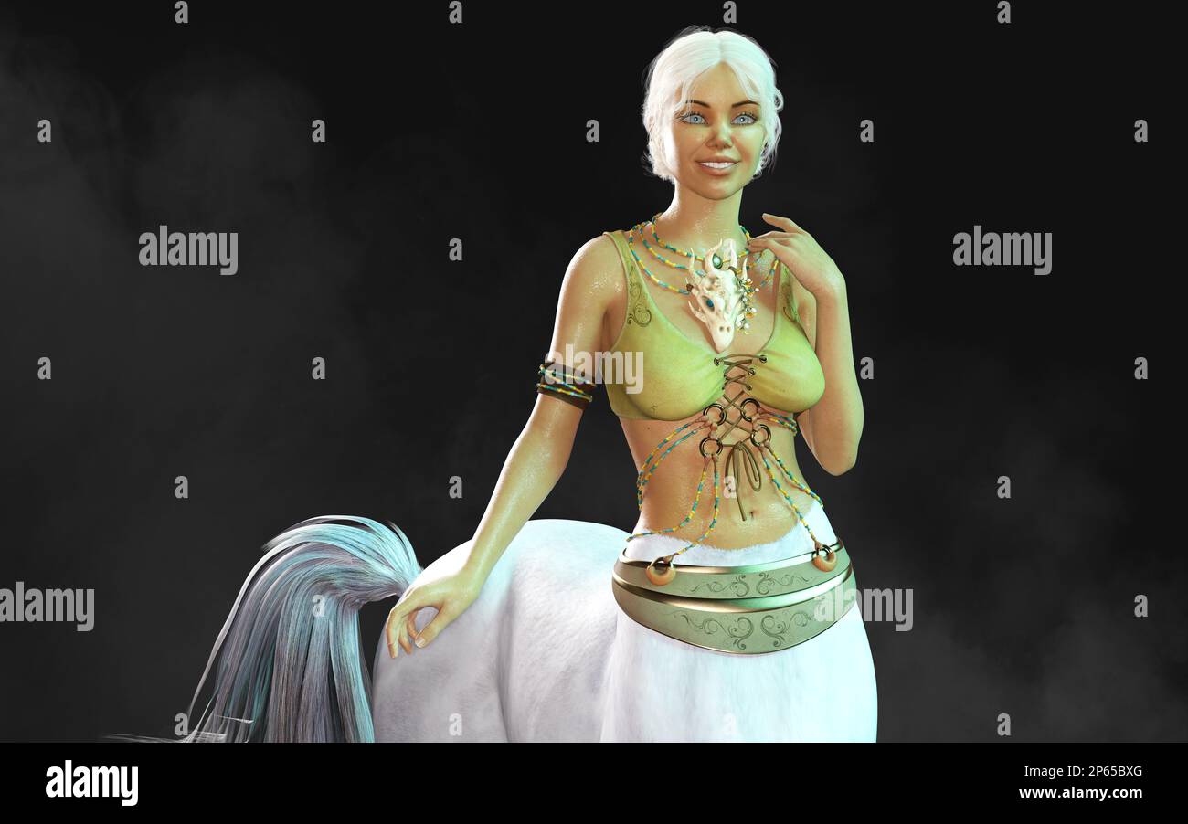 3D Illustration du Centaure blanc femelle posé sur fond sombre avec masque. Banque D'Images