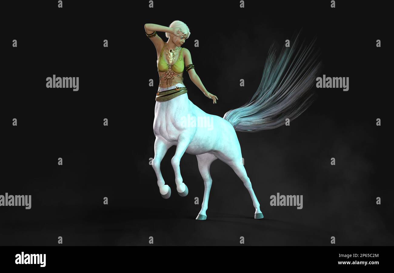 3D Illustration du Centaure blanc femelle posé sur fond sombre avec masque. Banque D'Images