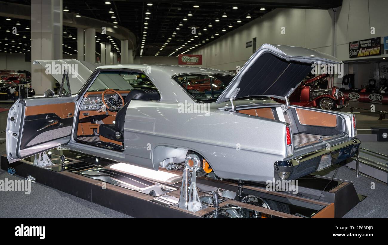 DETROIT, MI/États-Unis - 24 février 2023 : une interprétation de Chevrolet Nova 1967, finaliste « Great 8 » et candidat au trophée de la roue libre, à Detroit AutoRama. Banque D'Images