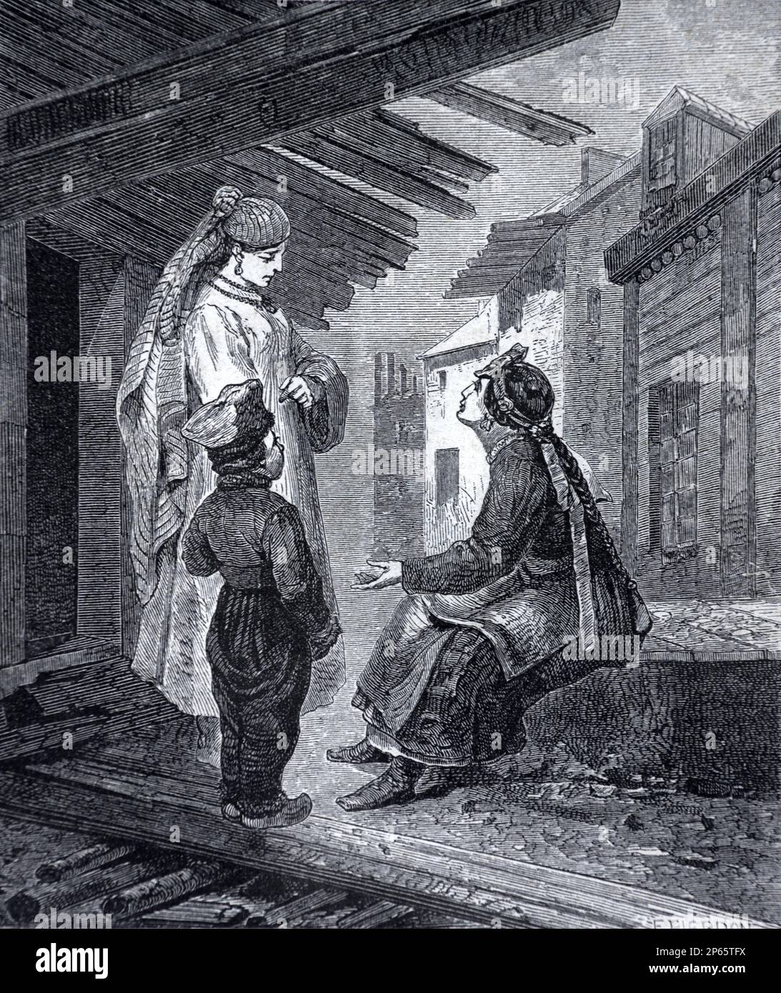 Femmes et enfants dans la vieille ville de Berezovo, Okrug autonome de Khanty-Mansi, portant le costume régional de Sibérie Russie. Gravure ancienne ou illustration 1862 Banque D'Images