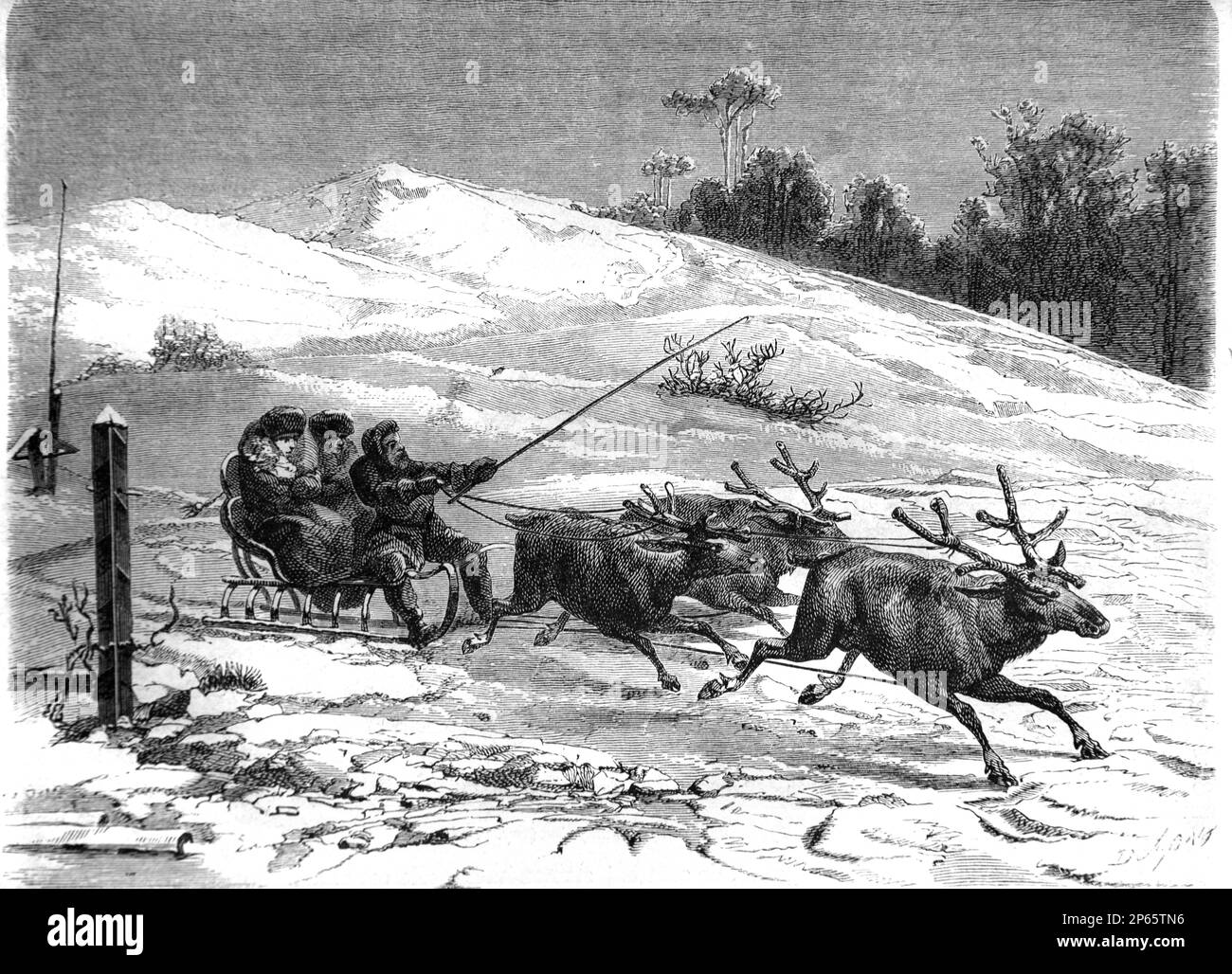 Traîneau à rennes en Sibérie Russie. Gravure ancienne ou illustration 1862 Banque D'Images