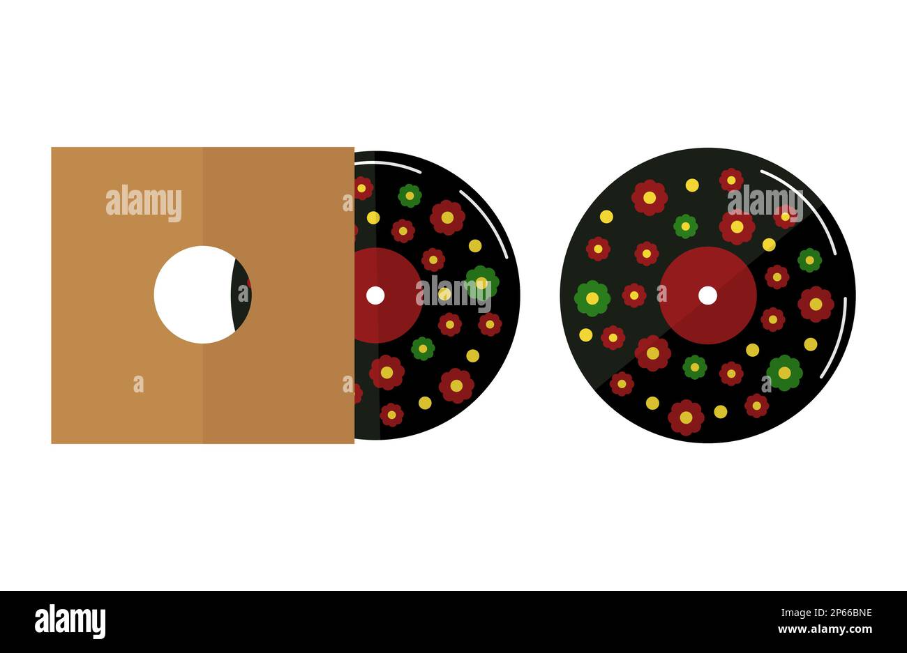 Plaque en vinyle rétro en plastique dans une boîte. illustration du concept de musique de style 90s avec fleurs. Illustration de Vecteur