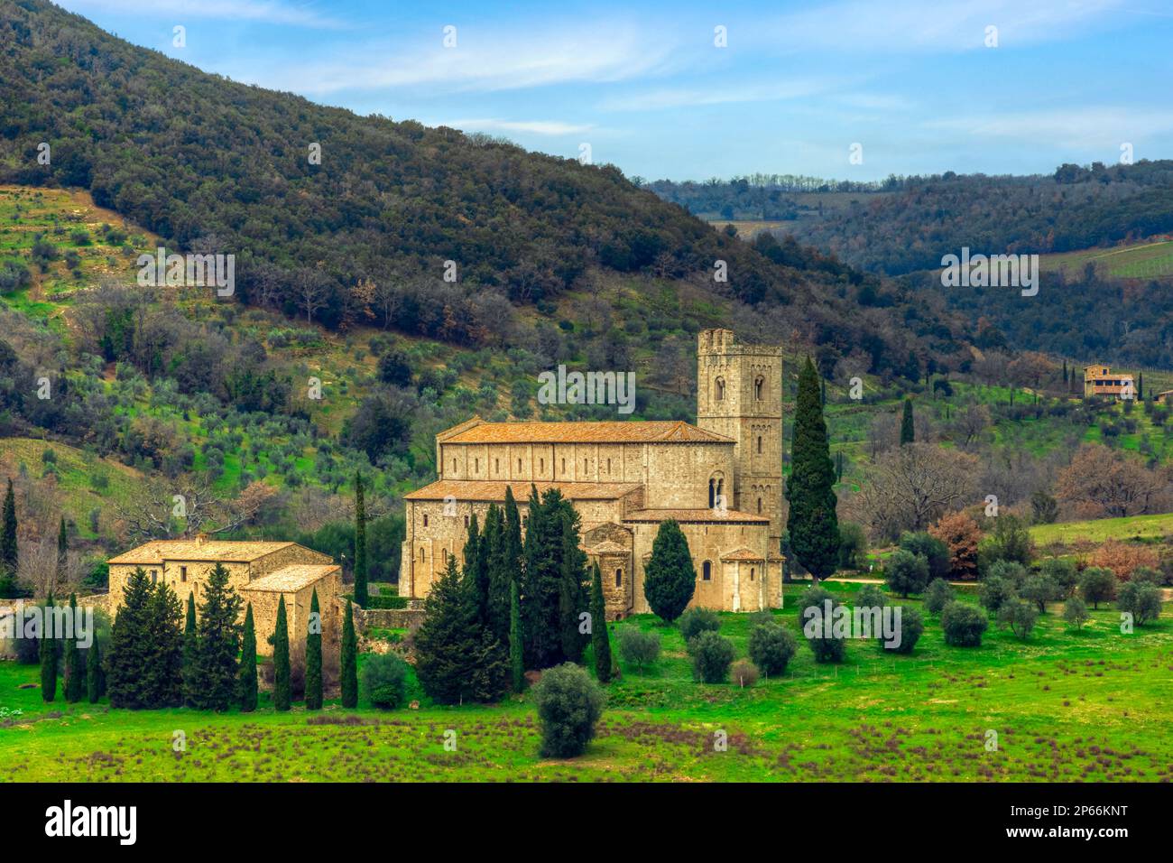 Abbaye de Sant'Antimo, Montalcino, Val d'Orcia, Toscane, Italie Banque D'Images