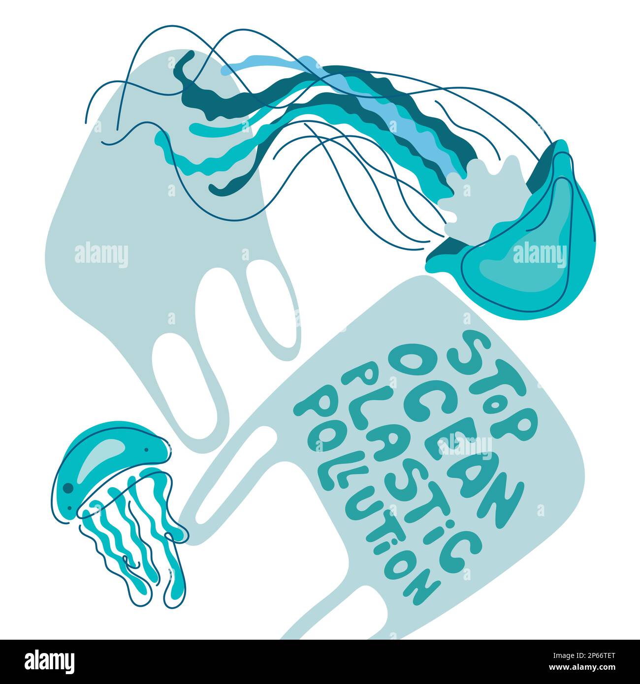 Les méduses des animaux de l'océan nagent avec des déchets, sac en plastique. Illustration vectorielle avec arrêt lettrage POLLUTION OCEAN PLASSNICIC. Changement climatique, SAUVER LA TERRE Illustration de Vecteur