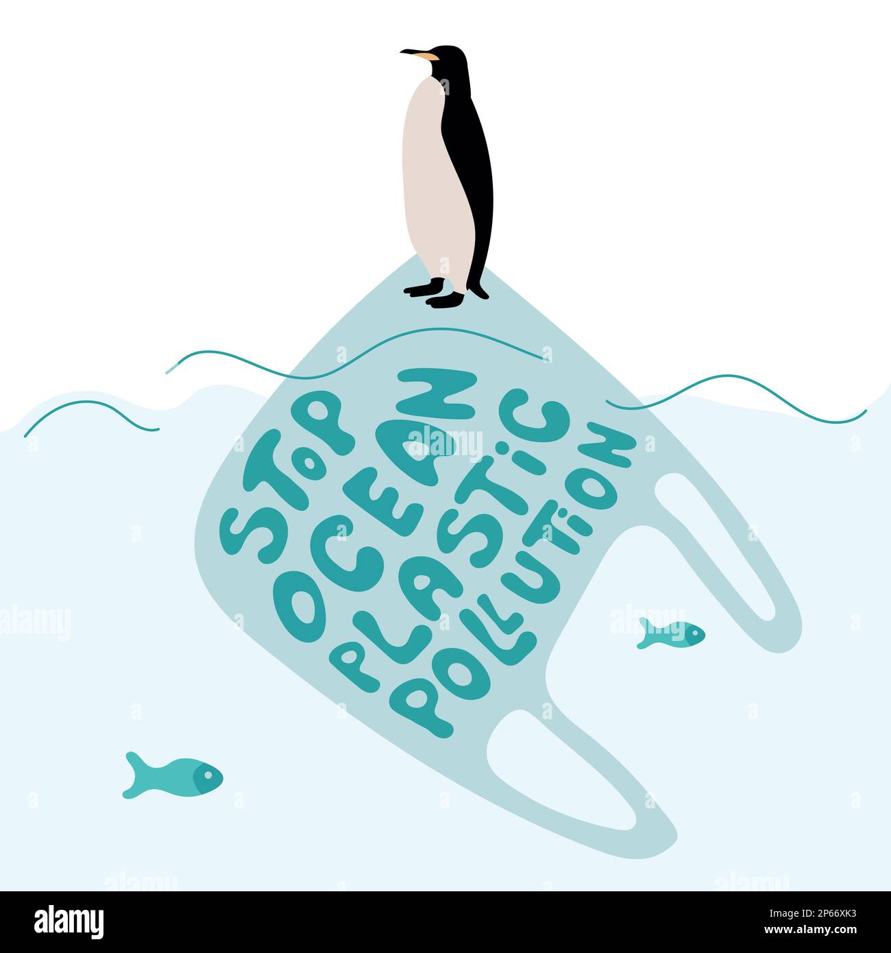 Le pingouin monte vers le sac en plastique poubelle. Illustration vectorielle avec arrêt lettrage POLLUTION OCEAN PLASSNICIC. Le changement climatique, SAUVER LA TERRE MAINTENANT. Personnes Illustration de Vecteur