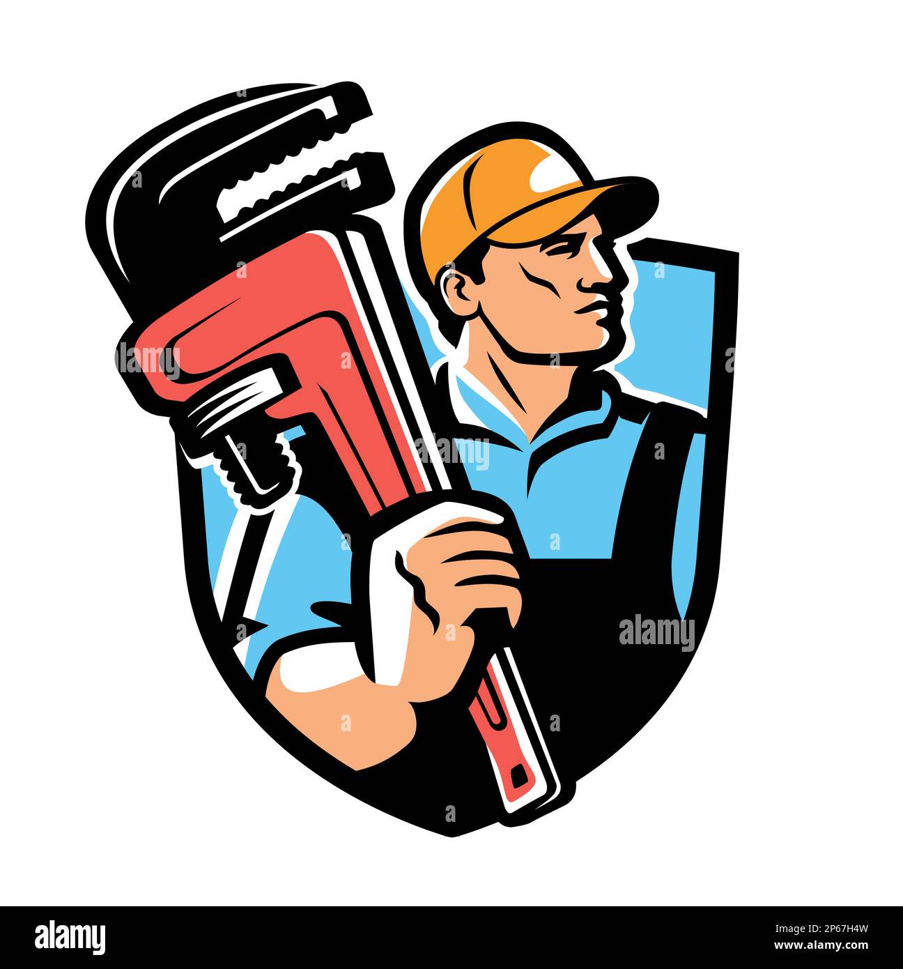 Ouvrier du service après-vente, constructeur avec clé réglable. Atelier, emblème de bâtiment, logo. Illustration du vecteur de travail de réparation Illustration de Vecteur