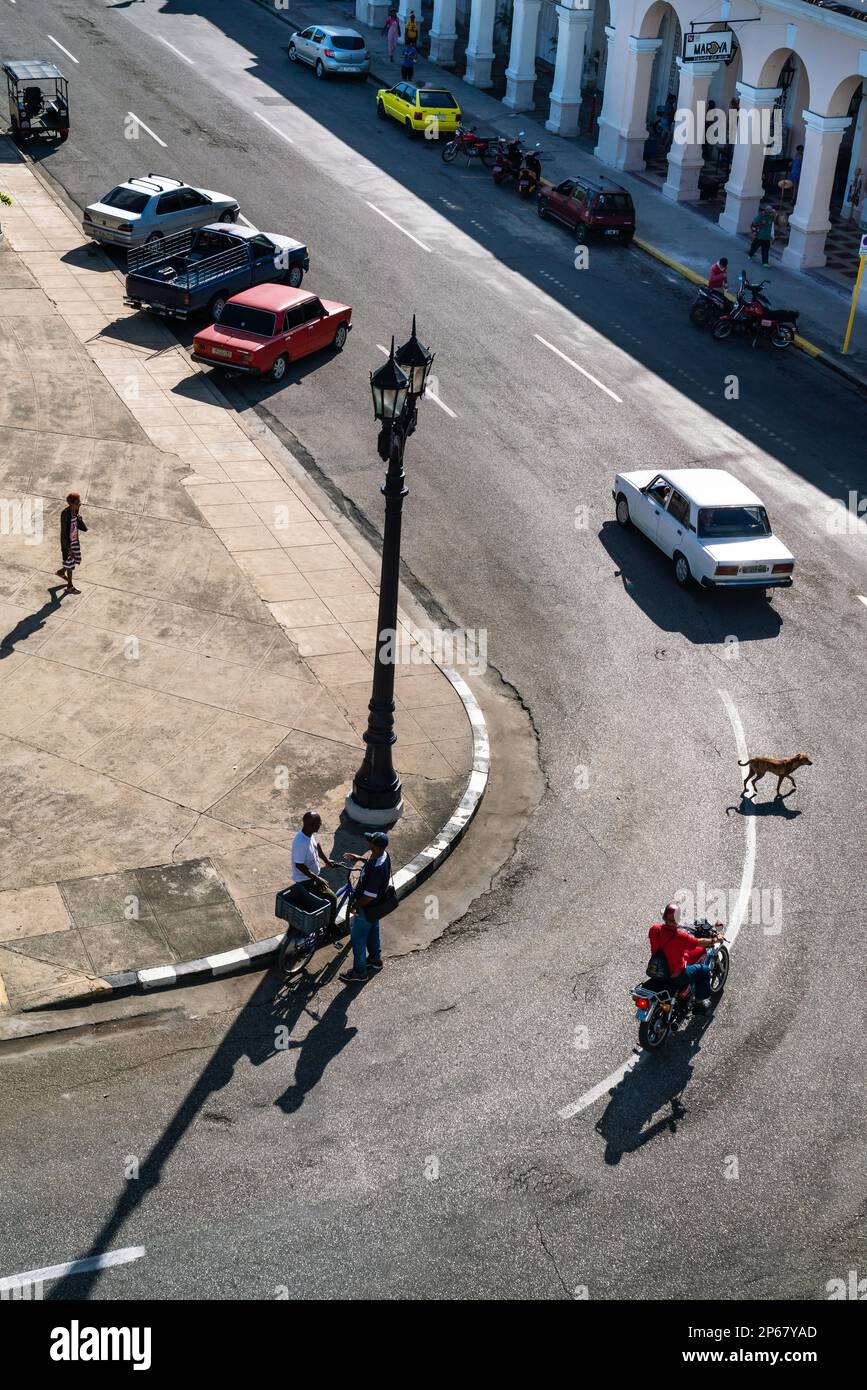 Vue aérienne de la place principale avec chien traversant la rue inconscient de tous, Cienfuegos, Cuba, Antilles, Caraïbes, Amérique centrale Banque D'Images
