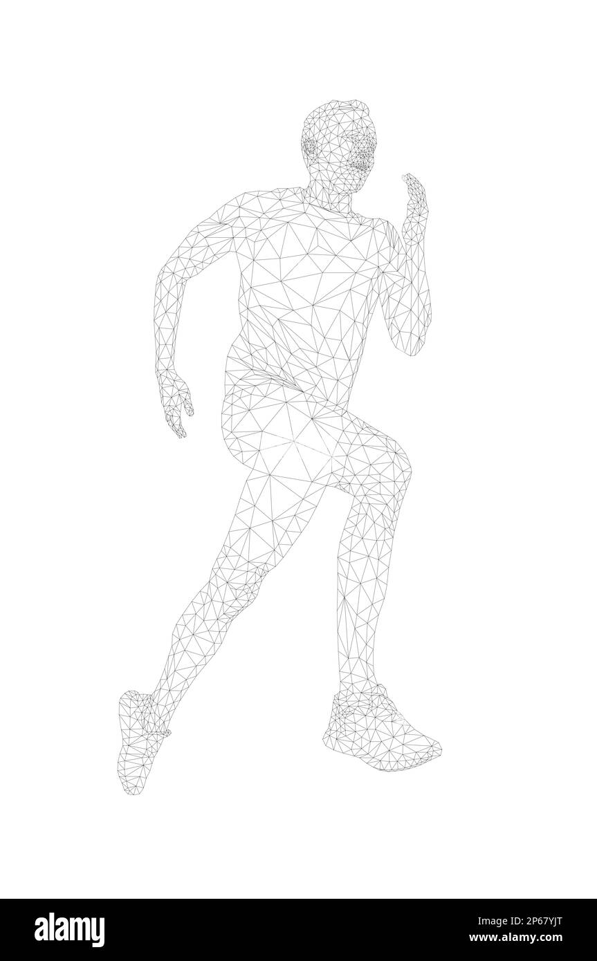 polygon wireframe illustration homme coureur athlète course sur fond blanc Banque D'Images