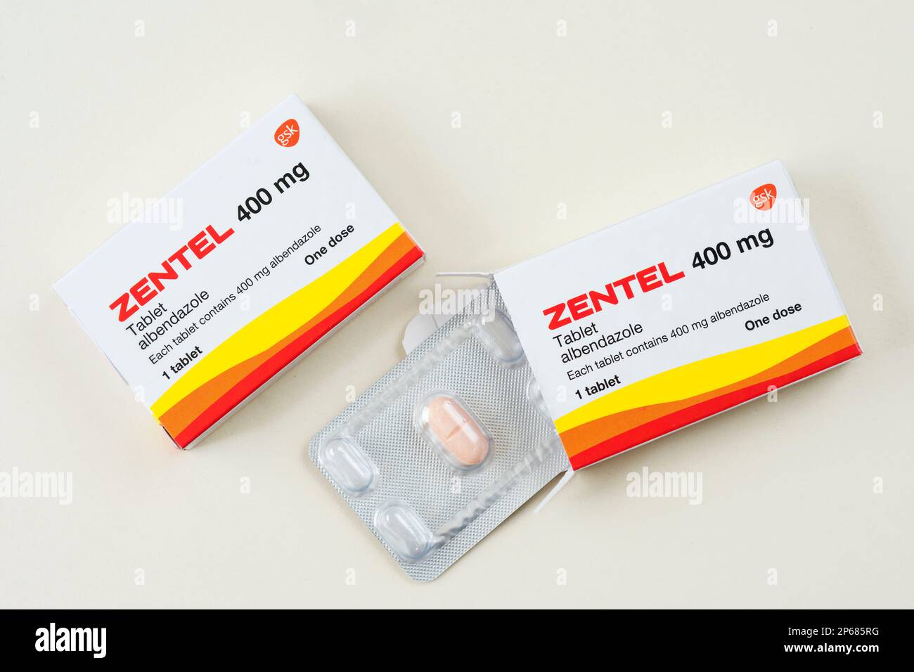 Zentel comprimé, utilisé pour traiter les infections causées par les vers Banque D'Images