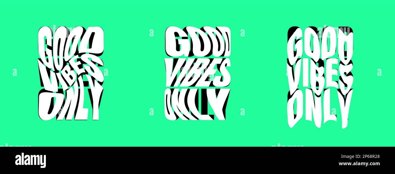 Bon vibes seulement psychédélique lettrage logo ensemble. Collection de stickers hippie Crazy style. Groovy Vibe citation hippy badge design templates. Illustration du vecteur de logotype à Y2K phrases, torsadé, ondulé et fondu Illustration de Vecteur