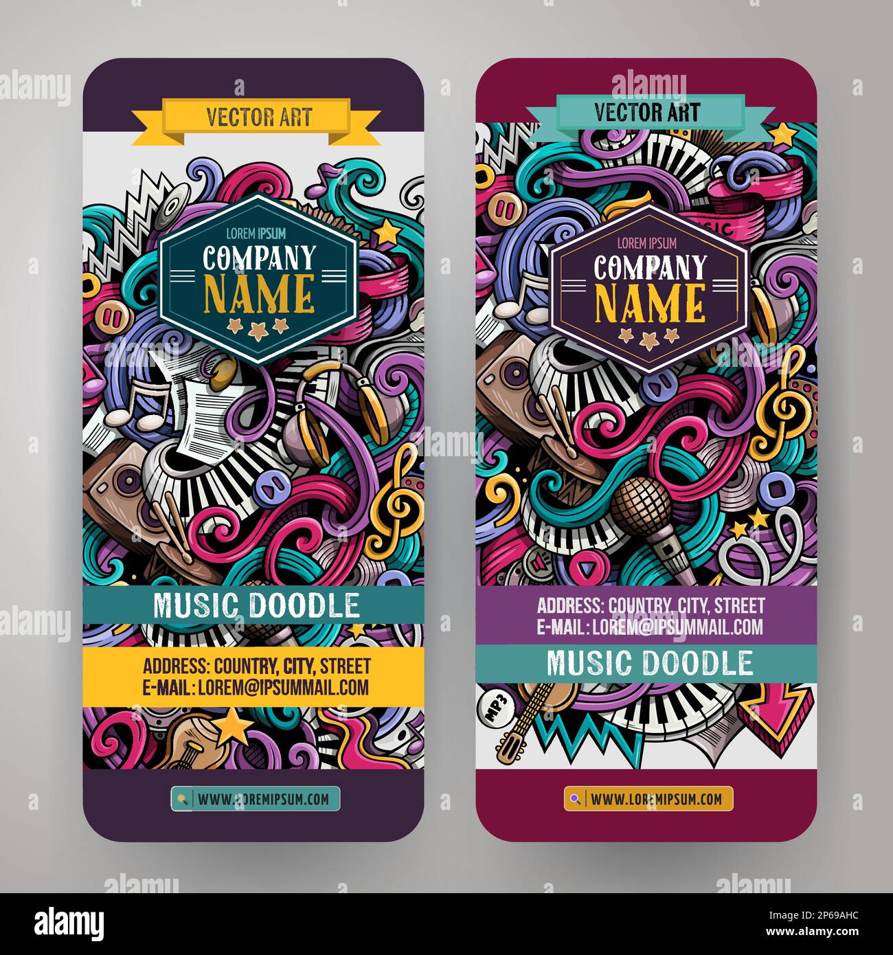 Jeu de maquettes de bannières musicales à vecteur de dessin animé. Identité d'entreprise à utiliser sur des invitations, cartes, applications, marques, prospectus, cartes de vœux, po Illustration de Vecteur