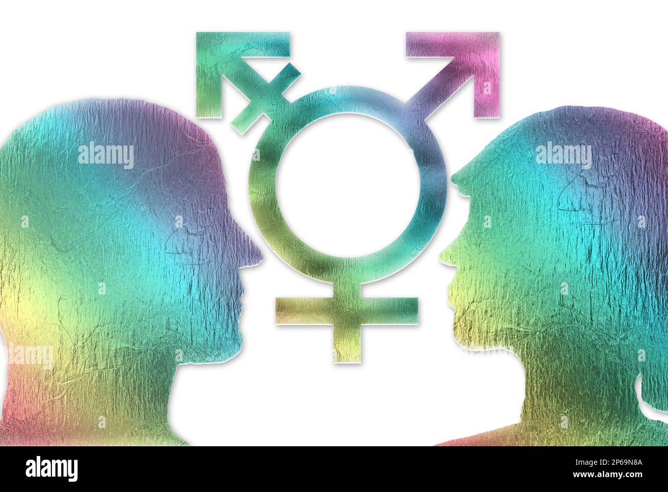 Identité de genre, dysphorie, concept transgenre. Corps mâle et femelle et symboles mâle et femelle avec les couleurs de l'arc-en-ciel sur fond blanc. Banque D'Images