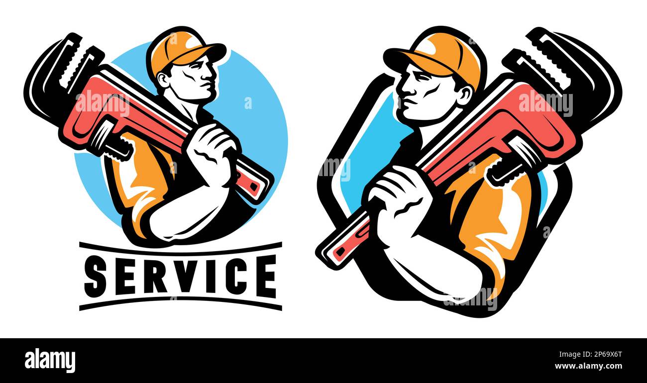 Emblème du service technique, logo de l'atelier. Plomber à l'aide d'une clé à plomberie. Illustration vectorielle de travaux de construction et de réparation Illustration de Vecteur