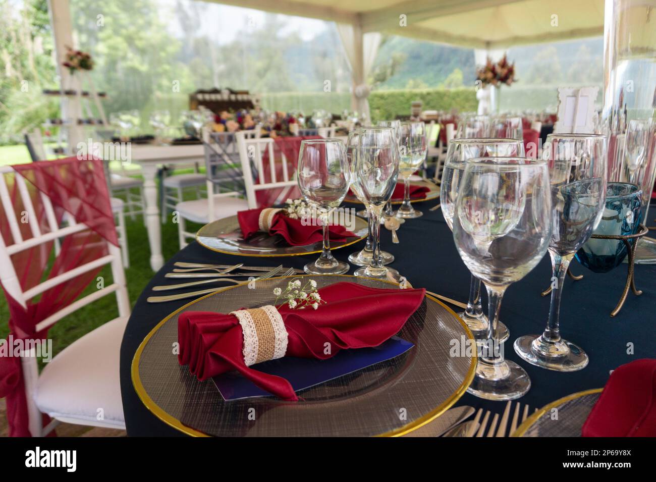 Table de fête dans un jardin, décorée de serviettes rouges, nappe bleue et verres en cristal avec un fond de chaises blanches Banque D'Images