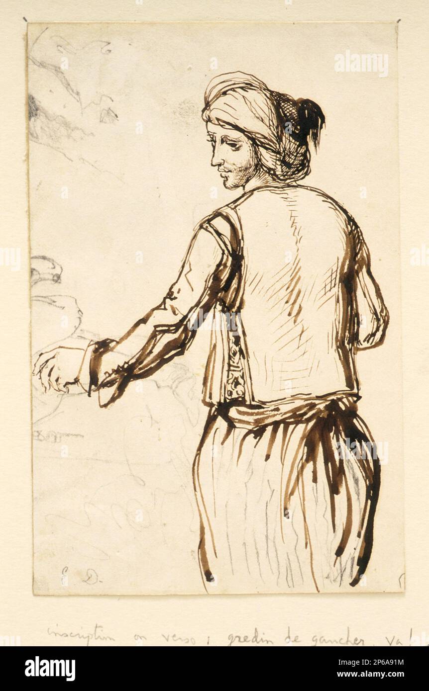 Manière de Ferdinand-Victor-Eugène Delacroix, Marocain, 1808–1955, Sepia sur papier. Banque D'Images