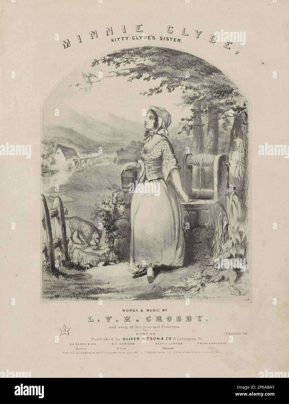 John Henry Bufford, Minnie Clyde, 1857, lithographie avec pierre de teinte gris clair sur papier vélin crème. Banque D'Images