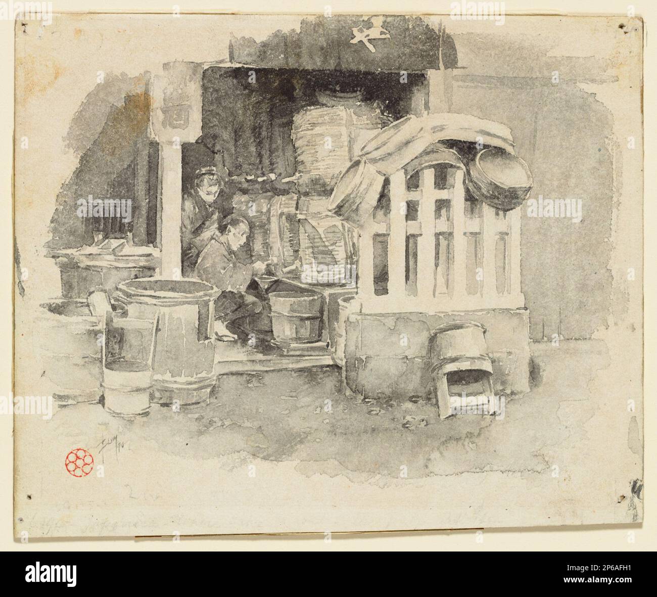 Robert Frederick Blum, où le saké est vendu, 1890, pinceau et encre noire et lavage gris sur papier. Banque D'Images