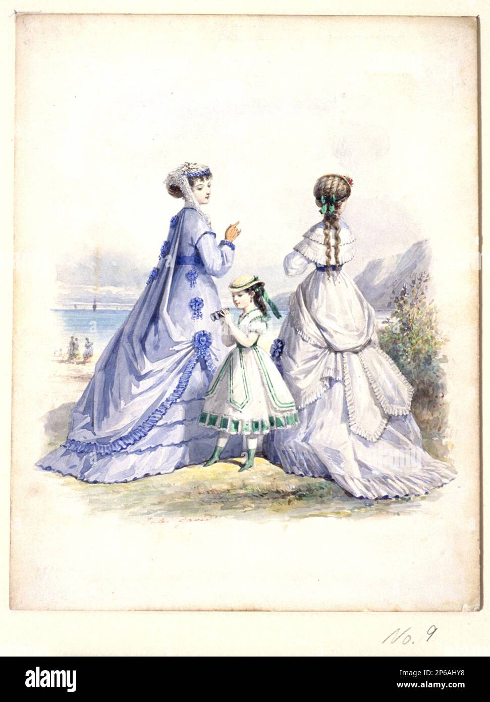 Jules David, dessin de mode n° 9, 1868, aquarelle, crayon et gouache blanche sur carton blanc. Banque D'Images