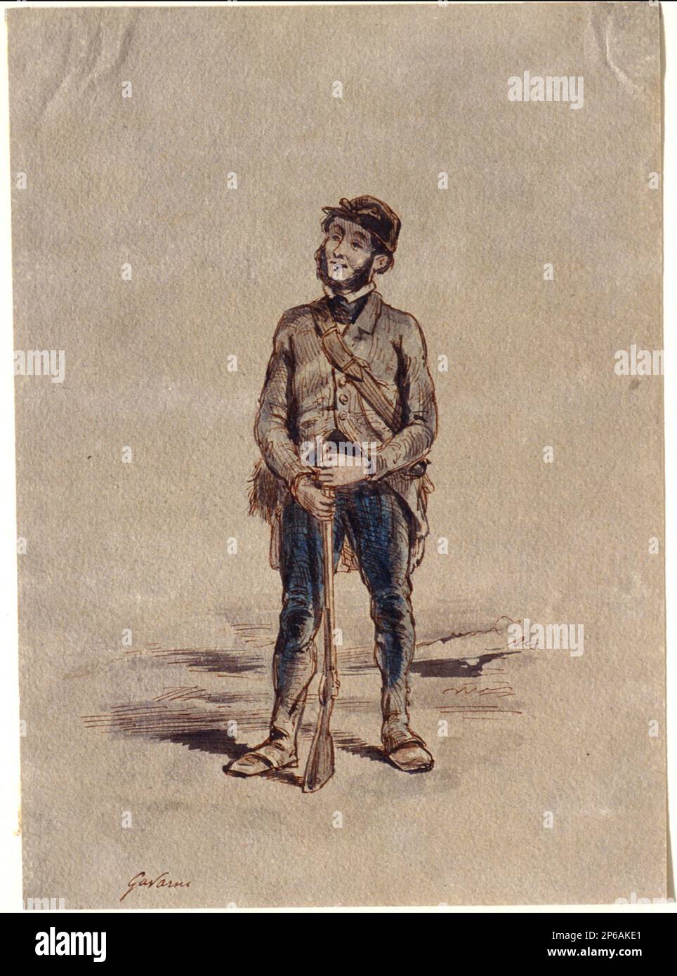 Paul Gavarni, The Poacher, vers 1855, stylo et encre brun rougeâtre et lavage bleu-gris sur papier. Banque D'Images