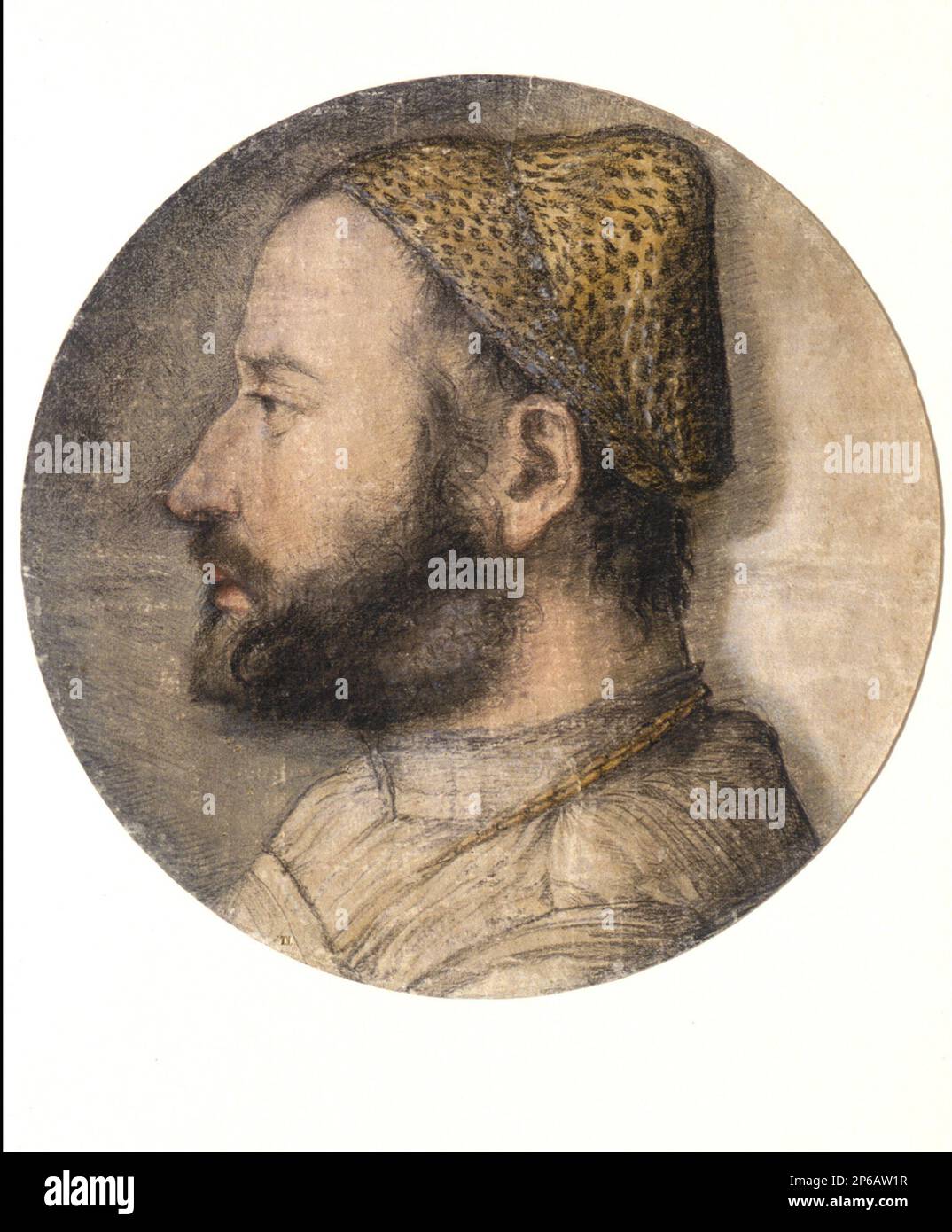 Christoph Amberger, Portrait de George Hörmann, 1515–1562, craie noire et colorée accentuée de blanc, avec lavage et aquarelle, sur papier blanc. Banque D'Images Christoph Amberger, Portrait de George Hörmann, 1515–1562, craie noire et colorée accentuée de blanc, avec lavage et aquarelle, sur papier blanc. Banque D'Images