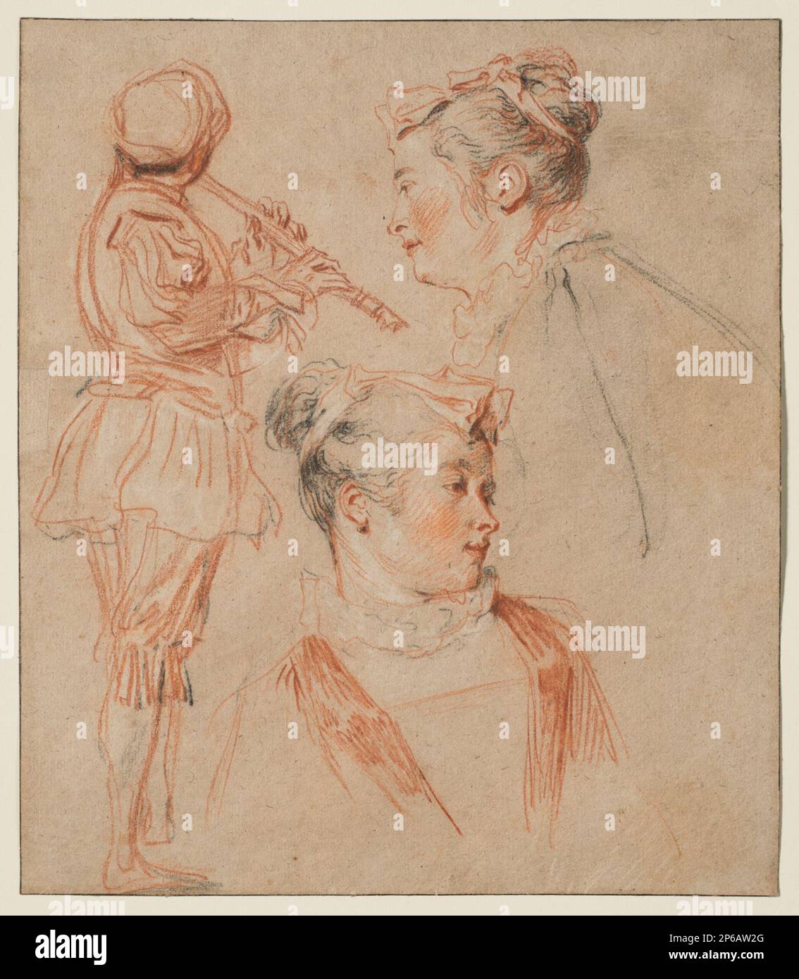 Jean-Antoine Watteau, Etudes d'un flûtiste et de deux femmes, vers 1717, craie rouge, noire et blanche sur papier à polir. Banque D'Images