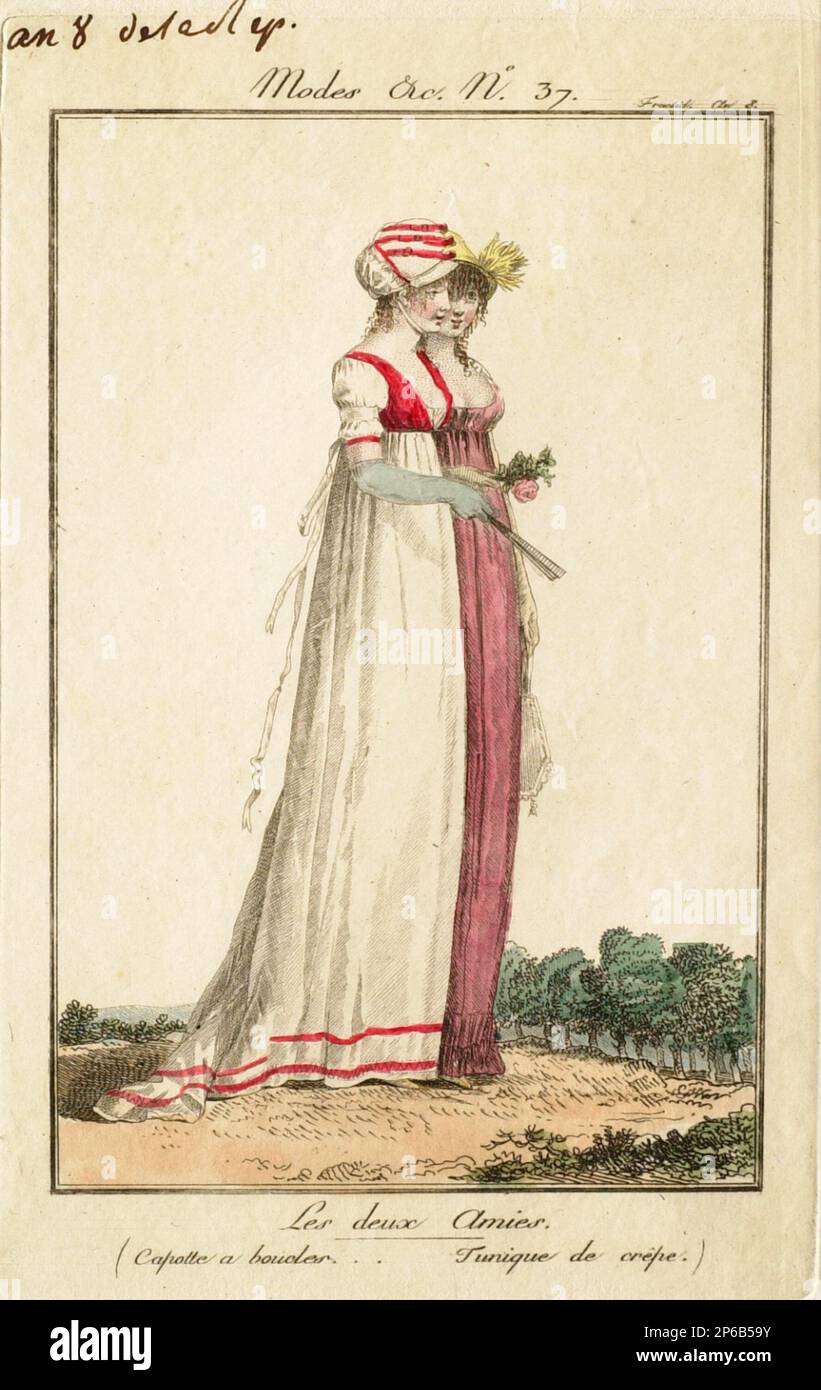 Philibert-Louis Debucourt, modes et manières No. 37 : les deux amies (Capotte a boucles... Unique de crêpe), 1800, gravure de couleur main sur papier. Banque D'Images