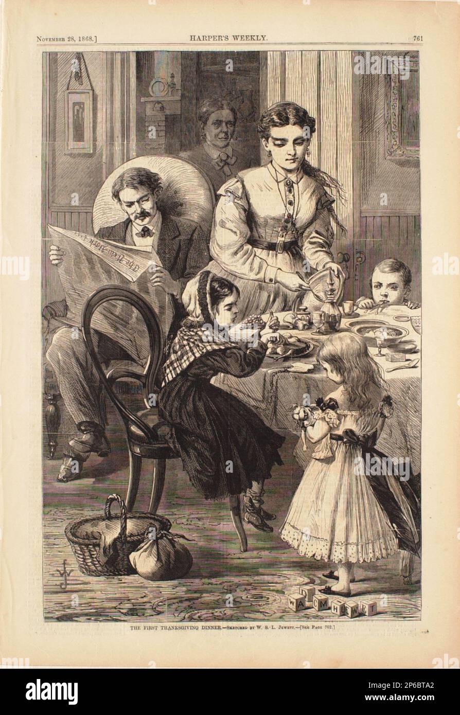 William S.L. Jewett, le premier dîner de Thanksgiving, 1868, gravure en bois sur papier. Banque D'Images