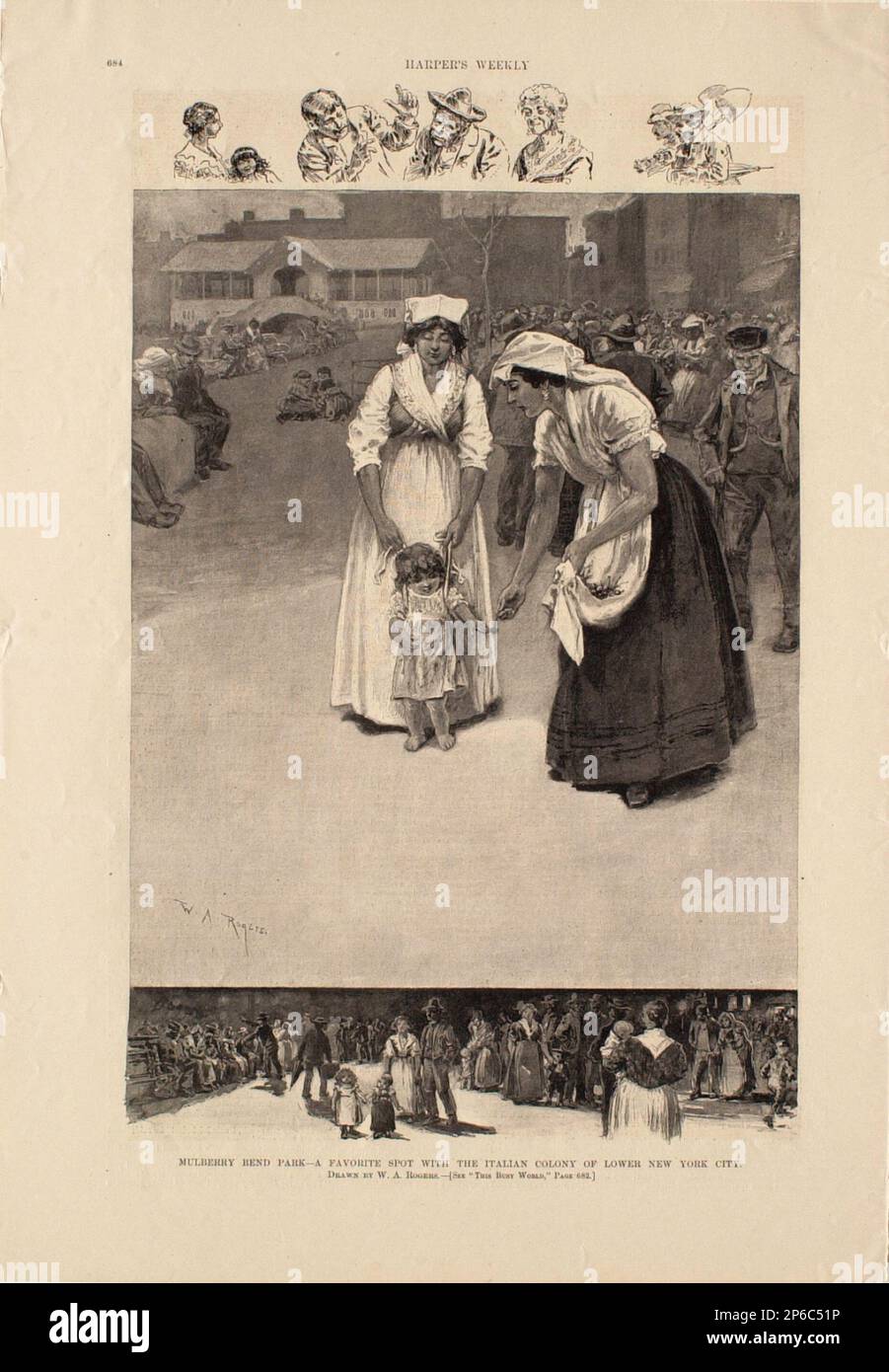 William Allen Rogers, Mulberry Bend Park—Un endroit préféré avec la colonie italienne de Lower New York City, 1890, gravure en bois sur papier. Banque D'Images