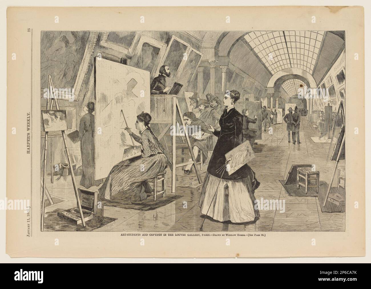 Après Winslow Homer, étudiants en art et copyistes à la Galerie du Louvre, Paris, 11 janv. 1868, gravure en bois sur papier journal. Banque D'Images