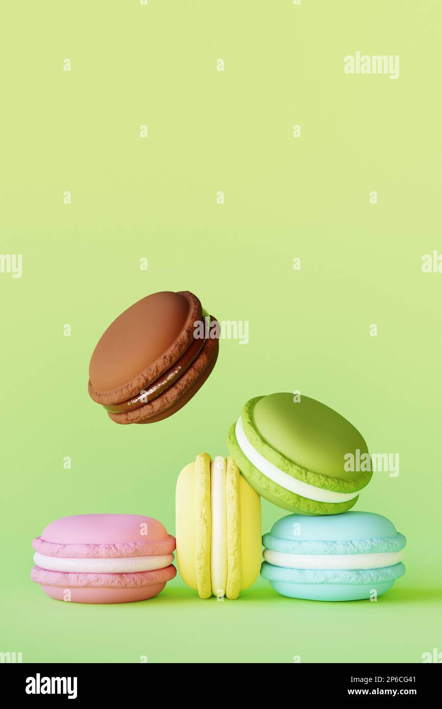 Une cuisine réaliste. Macarons colorés sur fond pastel. 3D rendu Banque D'Images