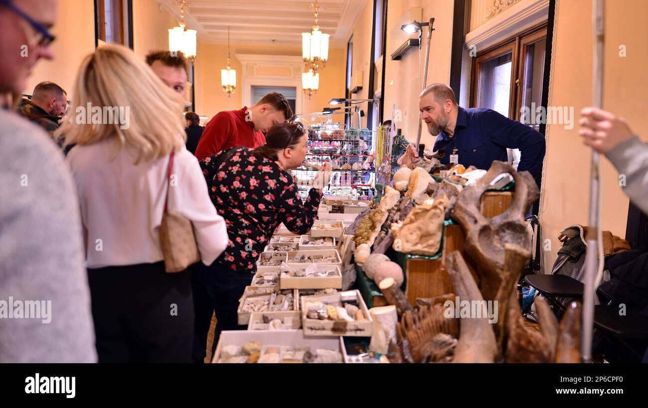 Varsovie, Pologne. 5 mars 2023. Exposition minérale de Varsovie 2023. Les gens regardent et achètent des minéraux et des pierres précieuses exposés à la foire. Banque D'Images