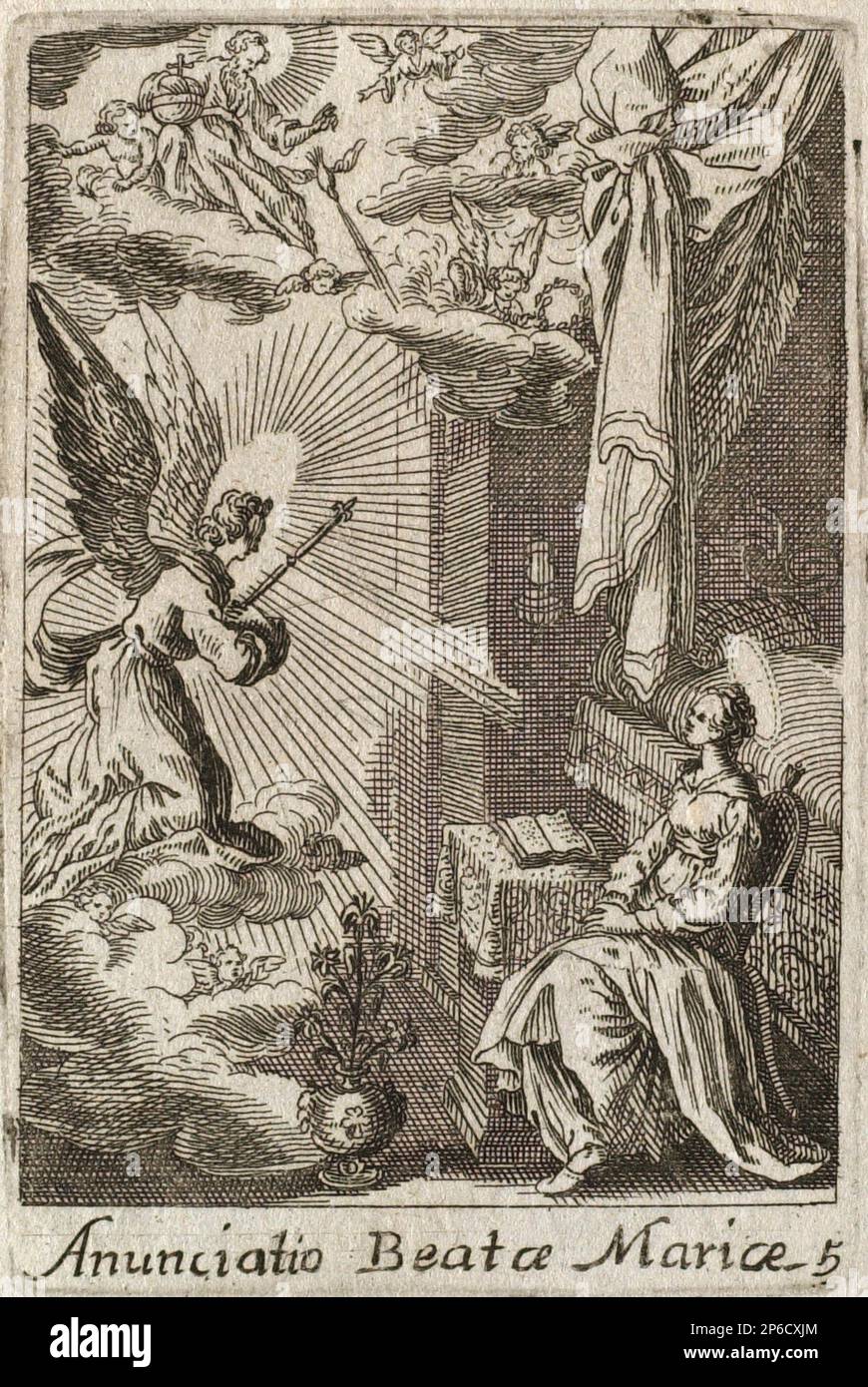 Après Jacques Callot, l'Annonciation, gravé sur du papier couté. Banque D'Images