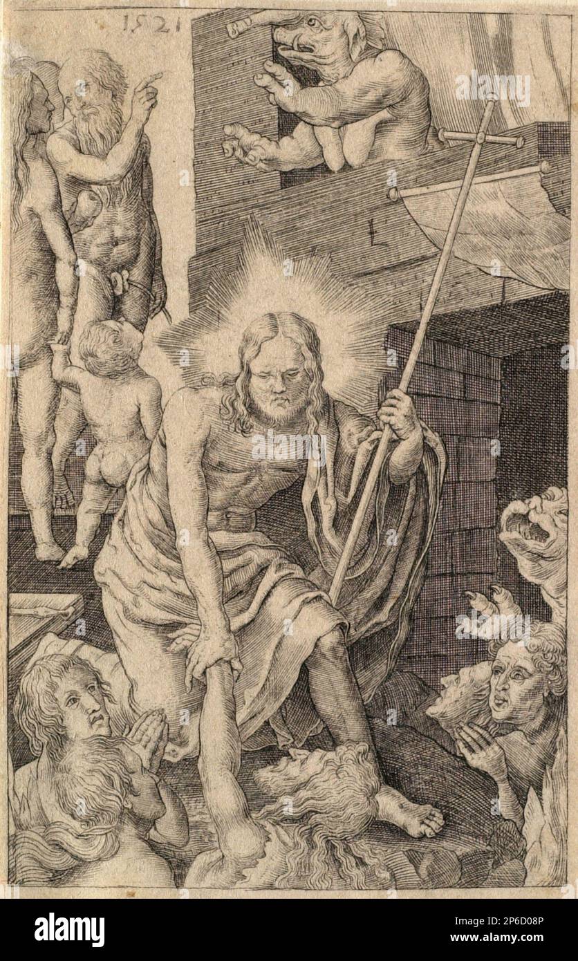 Après Lucas van Leyden, Christ in Limbo, gravure. Banque D'Images