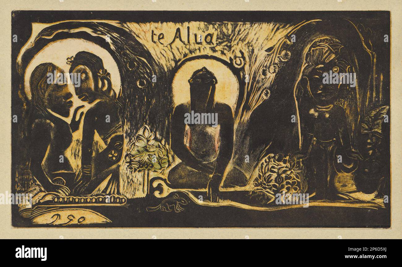 Paul Gauguin, te Atua (les Dieux), hiver 1893–94, coupe de bois imprimée en noir, marron, orange, rouge et vert sur du papier vélin crème monté sur du carton beige. Banque D'Images