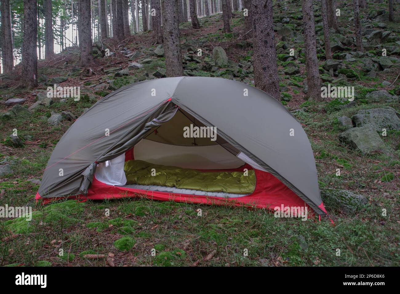 Somnifères et sacs de couchage dans une tente verte ouverte à 2 murs le matin, dans la forêt des monts Beskid Banque D'Images