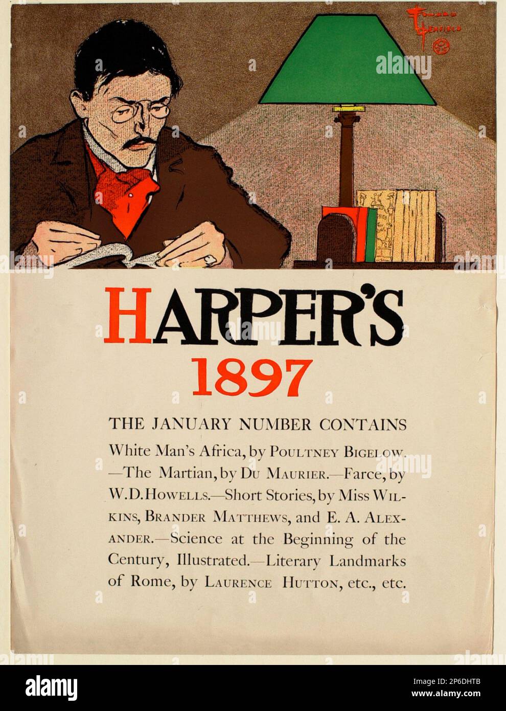 Edward Penfield, Man Reading, janvier 1897 Harper's, 1897, zincographe sur papier. Banque D'Images