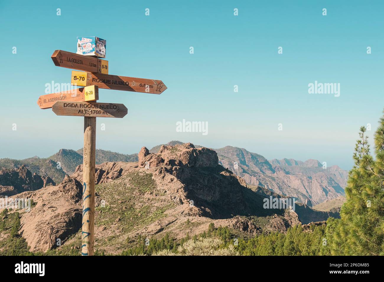 Une signalisation en bois pour les voyageurs sur un paysage volcanique sauvage avec des pins, des falaises et des formations rocheuses à Pico de las Nieves, Tejeda, Gran Canaria Banque D'Images