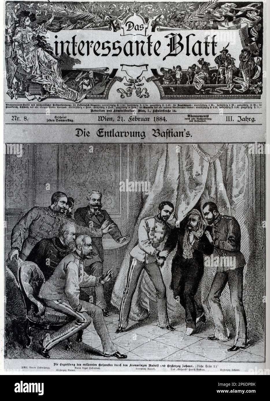 1884 , 11 février, Vienne , Autriche : le kronprinz autrichien RUDOLF von ABSBURG ( 1860 - suicide commis à Mayerling 1889 ) , amant de Mary Von Vetsera , fils de Kaiser Franz Josef ( 1830 - 1916 ) , empereur d'Autriche , Roi de Hongrie et de Bohême et impératrice Elisabeth von Bayer ( SISSI , 1937 - 1898 ). Dans cette photo sur la première page de la revue DAS INTERESSANTE BLATT avec Rudolf avec erzherzog Johann Salvator et Rainer dessechez le trick du célèbre médium Harry Bastian - FRANCESCO GIUSEPPE - JOSEPH - ABSBURG - ASBURG - ASBURGO - NOBLESSE - NOBILI - Nobiltà - REALI - HABSBURG - HASBURG - R Banque D'Images