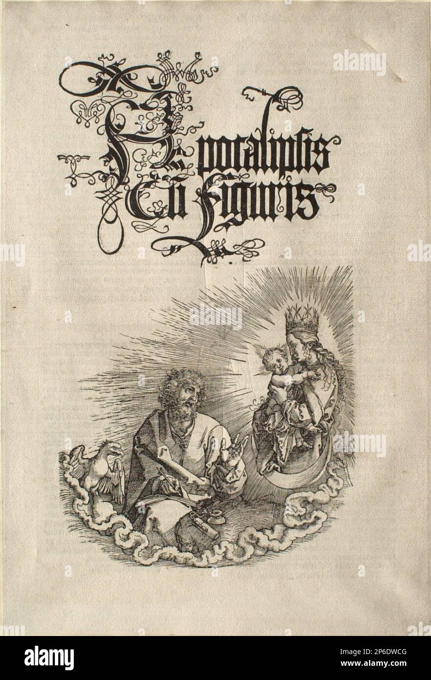 Albrecht Dürer, l'Apocalypse : la Vierge apparaissant à Saint Jean, vers 1511, coupe de bois sur papier. Banque D'Images