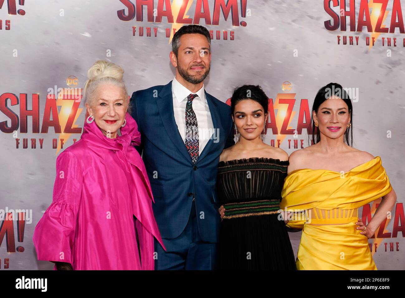 Helen Mirren, Zachary Levi, Rachel Zegler and Lucy Liu pose for photographers upon arrival at the premiere of the film 'Shazam! Fury of the Gods' in London, Tuesday, March 7, 2023.(Photo by Alberto Pezzali/Invision/AP) Banque D'Images