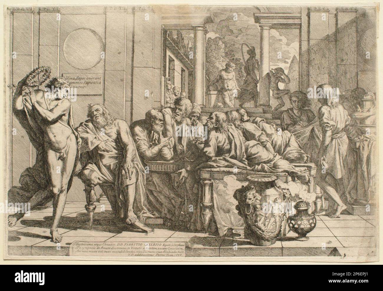 Pietro Testa, Seven Sages de Grèce Discoursing Around a Table, 1648, gravure sur papier. Banque D'Images